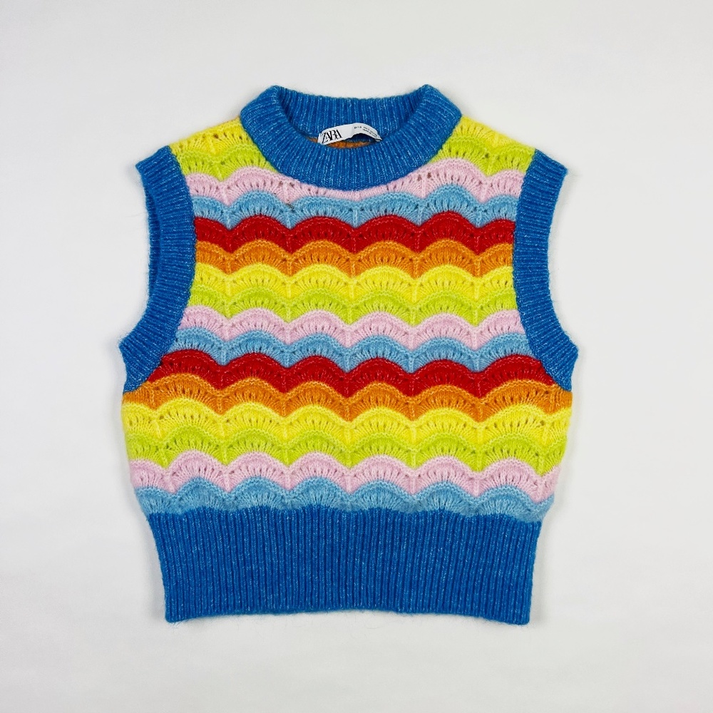 Zara Wool Alpaca Blend Rainbow Multicolor Sleeveless Stretch Knit Sweater Small